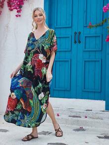 Women's Holiday Style Printed Short Sleeve Beach Cover Up Summer - Multicolor - View 5