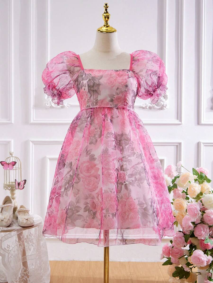 SHEIN Váy in hoa tay bèo organza thanh lịch dành cho bé gái tuổi teen, thích hợp cho kỳ nghỉ, biểu diễn, đám cưới, tiệc tùng, mọi mùa - Hồng - Xem 1