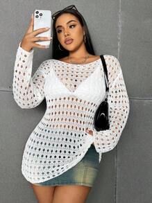 Sunnyshic Vestido De Suéter Para Mujer De Talla Grande Con Cuello Redondo, Hombros Caídos, Manga Larga Y Huecos En El Tejido