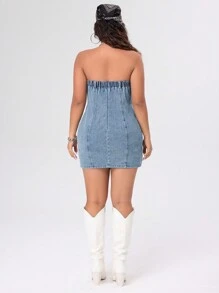 SHEIN ICON Plus Size Strapless Denim Dress - Light Wash - View 2