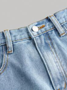 SHEIN Girlism Tween 女童 Y2K 春夏波西米亚风破洞开衩牛仔半身裙 - 淺色水洗藍 - 查看 4