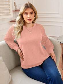 SHEIN LUNE Plus Size Women's Contrast Lace Raglan Long Sleeve Round Neck Sweatshirt Graduation,Back To School,Teacher Pullover Fall Winter Autumn - Pink - View 3