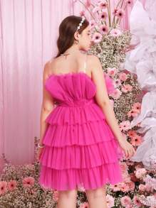 Vestido De Tirantes De Tul En Capas De Color Sólido Para Niña Adolescente Con Correas De Hombro Y Cinturón Extraíbles - Rosa Fucsia - Ver 6
