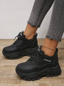 女士平台運動鞋，內增高，厚底運動鞋，春秋，休閒萬能，PU皮革，適合身材矮小的女性 - 黑色 - 查看 2