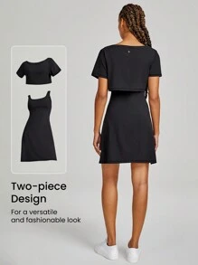 GLOWMODE 2 Pieces Pima Cotton  Active Midi Dress Set Daily Casual - Black - View 2