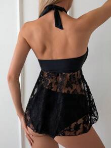 SHEIN Swim Lace Splice Halter Neck Tankini Set Summer - Black - View 2