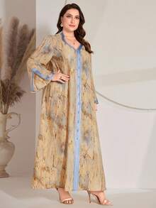 大码女式优雅拼接丝带V领宽松随机印花连衣裙，适合节日、派对、休闲穿着，柔软舒适，亲肤，袖子拼接丝带，视觉开衩效果