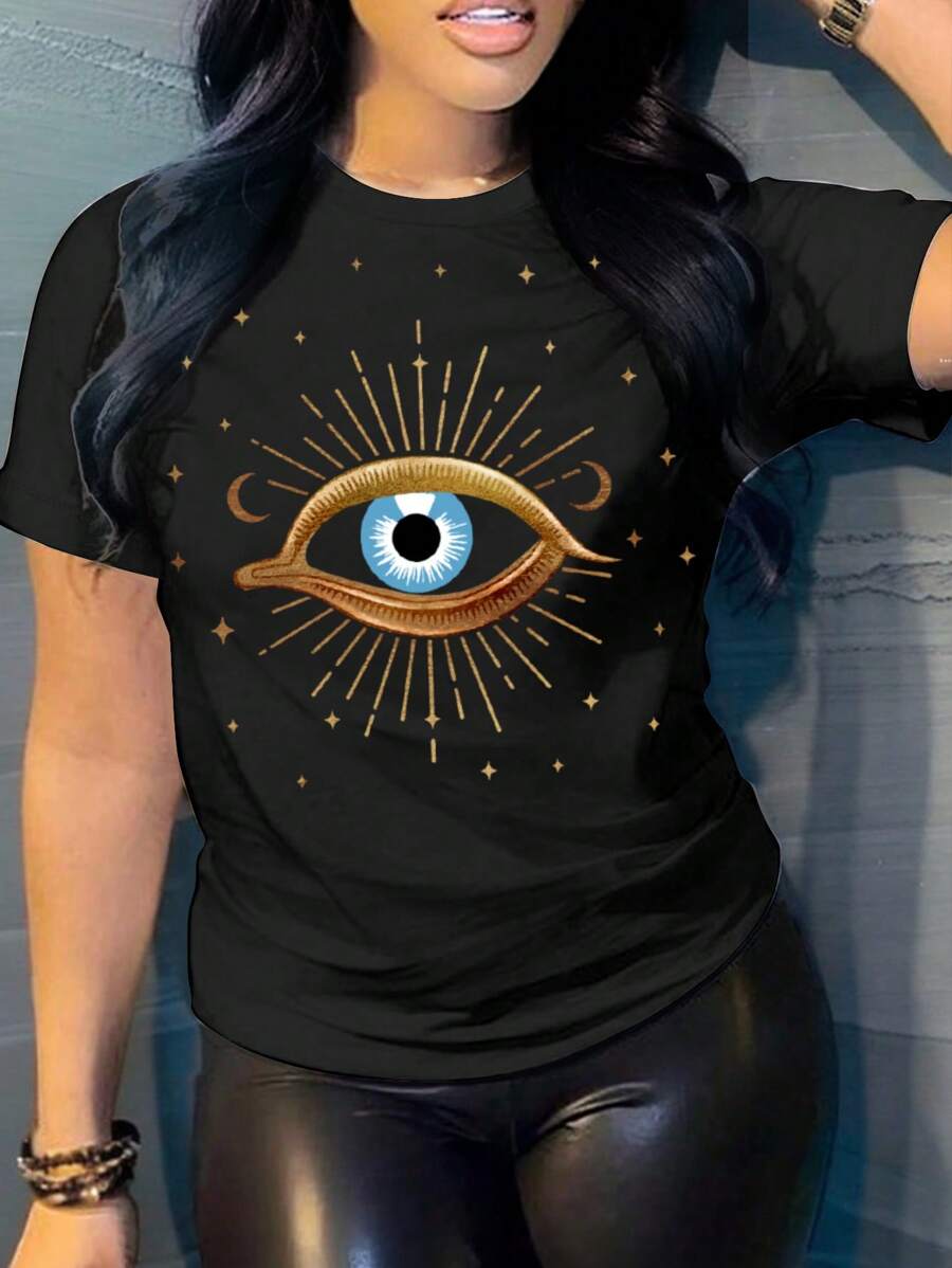 Slaydiva Casual Moon And Eye Pattern Round Neck Short Sleeve Slim Fit Plus Size Women's T-Shirt, Summer