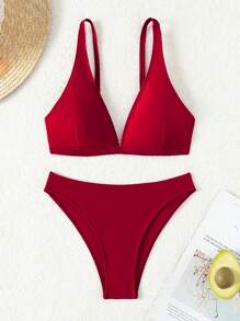 SHEIN Swim Women's Solid Color Swimwear Set Bra & Bikini Bottom Bikini Set For Summer Beach - Burgundy - View 5