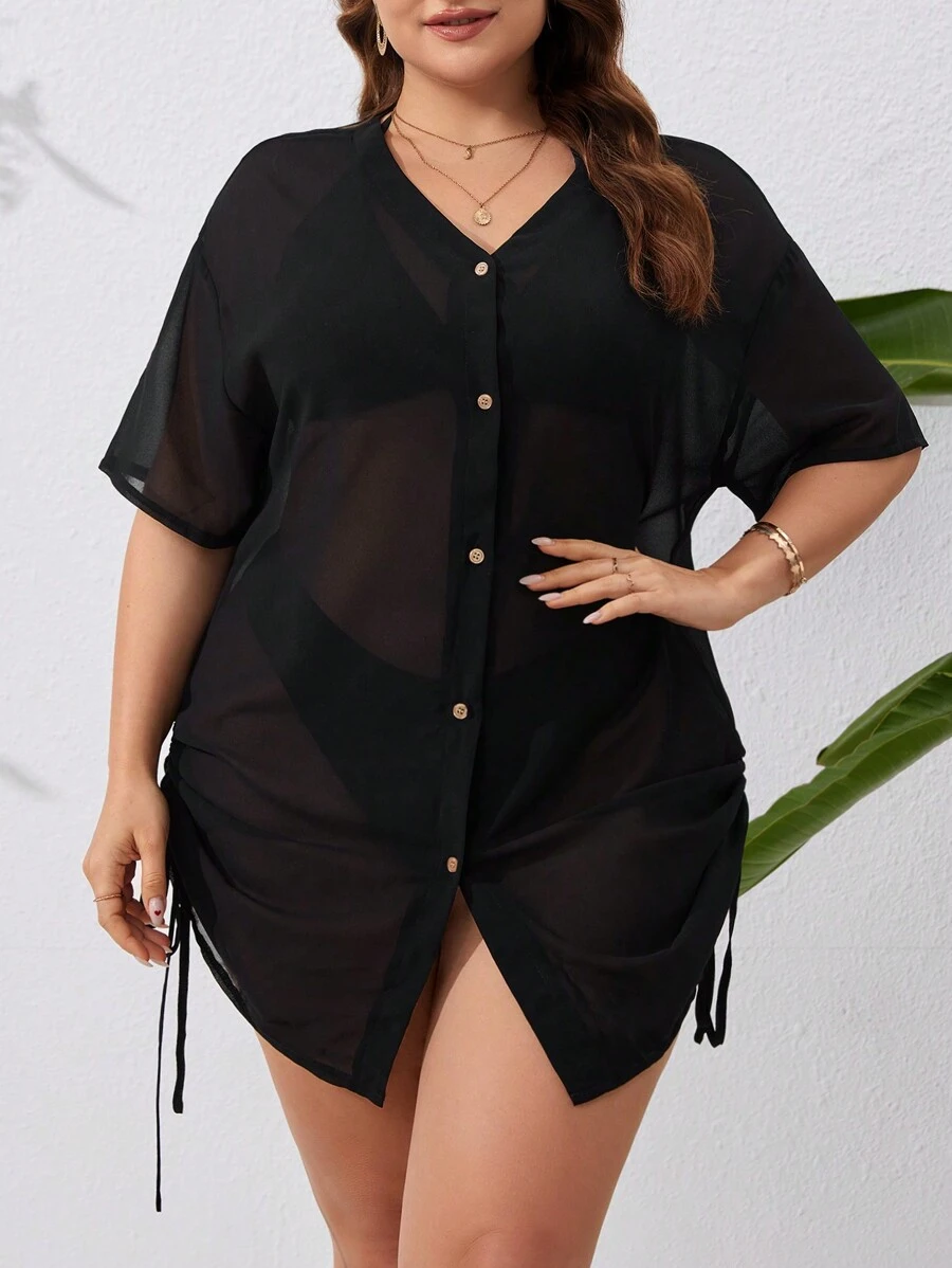 Swim Lushoire Summer Beach Plus Size Solid Color Kimono Style Dress With Front Button And Drawstring Waist - Black - View 1