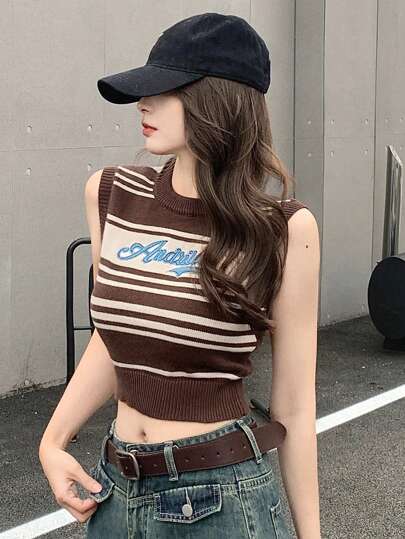 DAZY Ladies' Colorblock Striped Embroidered Letter Sleeveless Sweater Vest,Fall Clothes