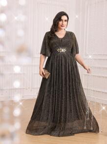 Plus Size Women Sparkling Ruffle Sleeve Long Elegant Dress - Gold - View 1