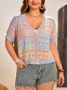 SHEIN VCAY 大尺碼短袖斑點漸變開衫外套 - 彩色 - 查看 4