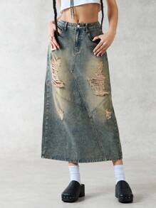Forever 21 Women's Distressed Denim Skirt - Blue - View 5