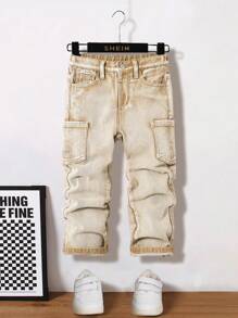 SHEIN Young Boy Multi-Pocket Straight Leg Washed Khaki Denim Jeans,For Spring And Summer - Khaki - View 1