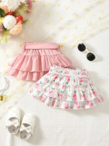 SHEIN 嬰兒女孩花卉印花優雅腰帶兩層蛋糕半身裙 - 粉色 - 查看 2