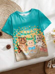 SHEIN 青少女寬鬆可愛的圓領套頭掉肩卡通貓印花t恤 - 綠色 - 查看 1