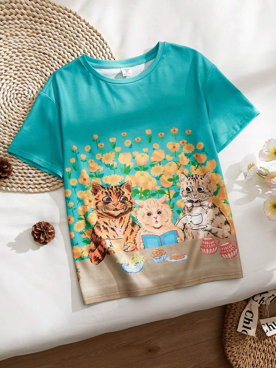 SHEIN 青少女寬鬆可愛的圓領套頭掉肩卡通貓印花t恤 - 綠色 - 查看 1