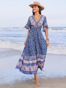 Rusttydustty Woman Blue Floral Print Cross V Neck Flare Sleeve Extra Long Dress Boho Coachella Music Festival Beach Outfits Beach Outfits Tropical Vacation Easter