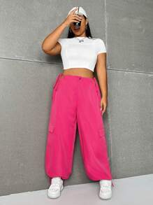 Flirla Plus Size Solid Color Hollow Out Flip Pocket Jogger Pants - Hot Pink - View 1
