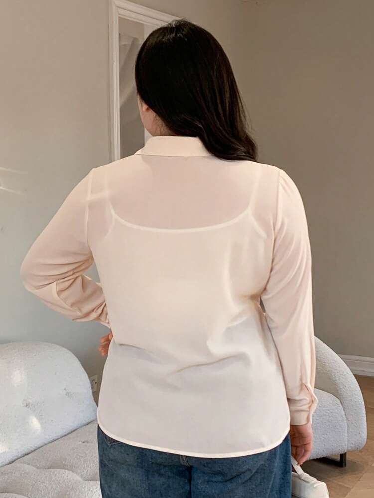 Dazy Petite Plus Plus Size Solid Color Semi-Transparent Shirt Long Sleeve Top