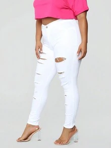 Pantalones ajustados, rasgados y de talla grande con pie pequeño - Blanco - Ver 4