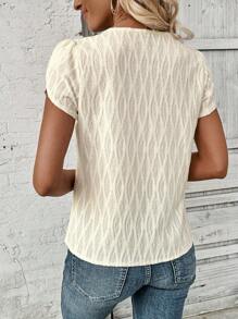 SHEIN LUNE Asymmetrical Shoulder Petal Sleeve Textured Blouse - Apricot - View 2