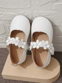 Girls' Pearl & Flower Decor Flat Shoes With Hook And Loop Closure For Wedding And Outdoor Wearing - White - View 2