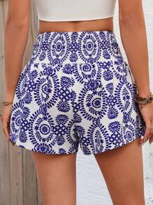 SHEIN LUNE 女款抽褶腰部印花折邊短褲 - 藍白色 - 查看 2