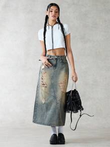 Forever 21 Women's Distressed Denim Skirt - Blue - View 4