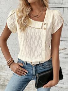 SHEIN LUNE Asymmetrical Shoulder Petal Sleeve Textured Blouse - Apricot - View 3