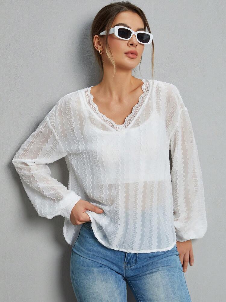 Women's Loose Fit Shirt With Semi-Transparent V-Neckline And Lace Edge Detail