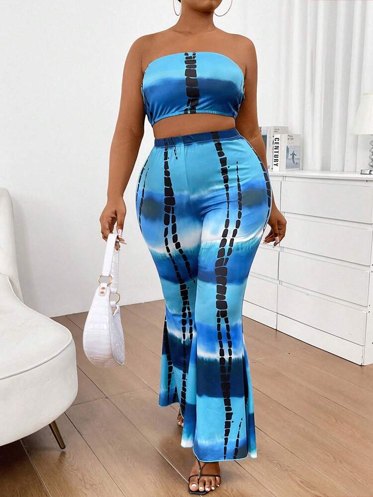 Plus Size Color Blocking Strapless Top And Elastic Waist Flared Pants