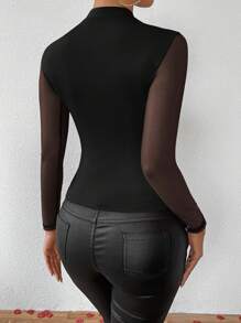 Chiquease Tricou cu mânecă lungă cu îmbinare în plasă pentru femei, cu guler vertical