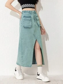 少女新款休閒時尚水洗牛仔工具裙 - 中等水洗藍 - 查看 5