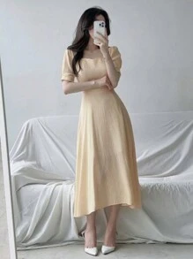DAZY Solid Color Sweetheart Neckline Elastic Waist Casual Dress Sundress - Yellow - View 3