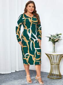 SHEIN Clasi Đầm dài tay in họa tiết cỡ lớn cho nữ - Màu xanh lá cây đậm - Xem 6