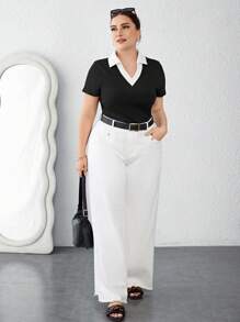 SHEIN Essnce 大尺碼拼色2合1寬鬆短袖t卹,適用於春夏季 - 黑與白 - 查看 3