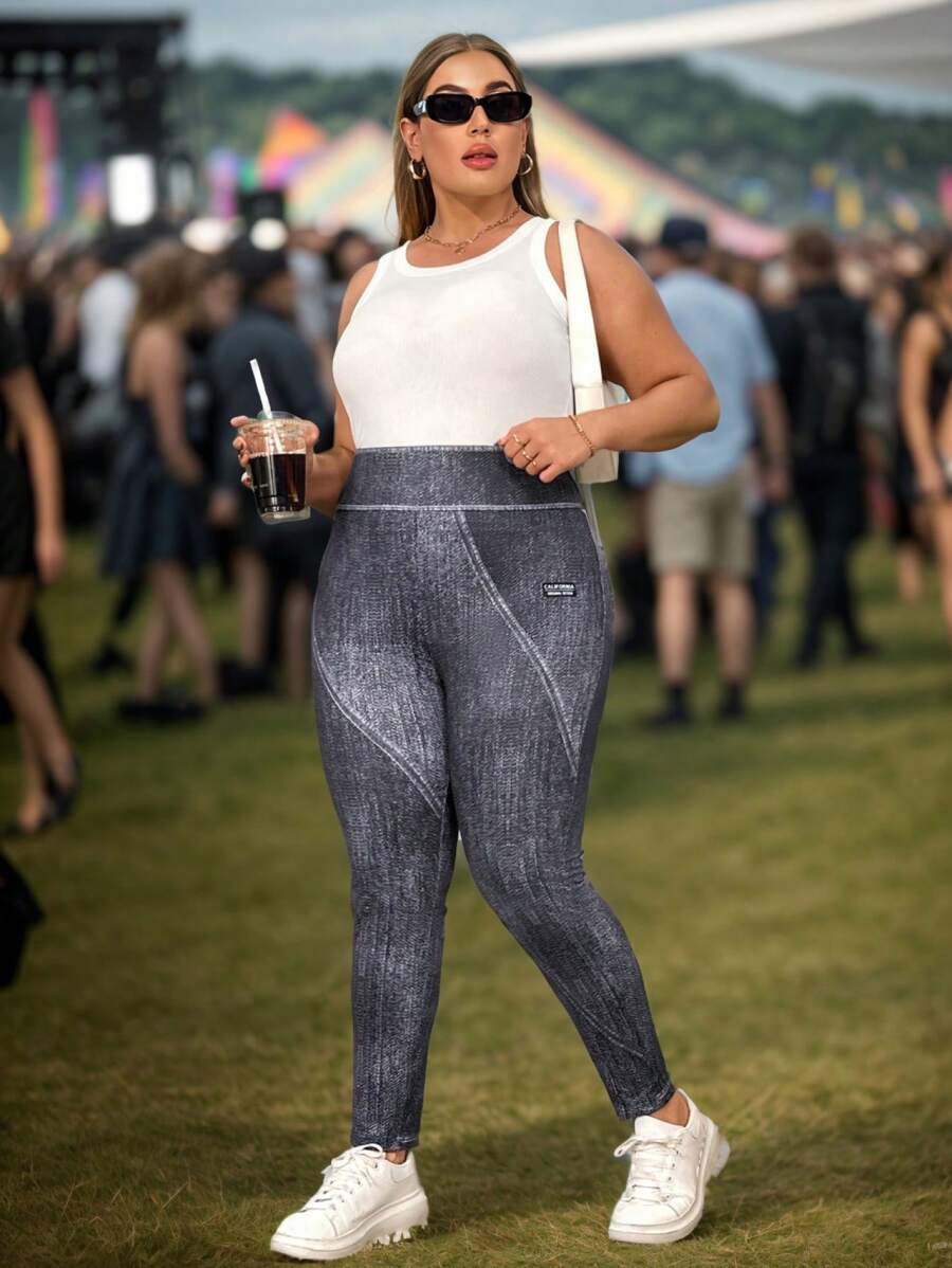 SHEIN Essnce Của phụ nữ Kích thước lớn Mùa hè Thể thao & Giải trí Thoải mái In Co giãn Quần jean ôm Xà cạp Quần - Xám - Xem 1