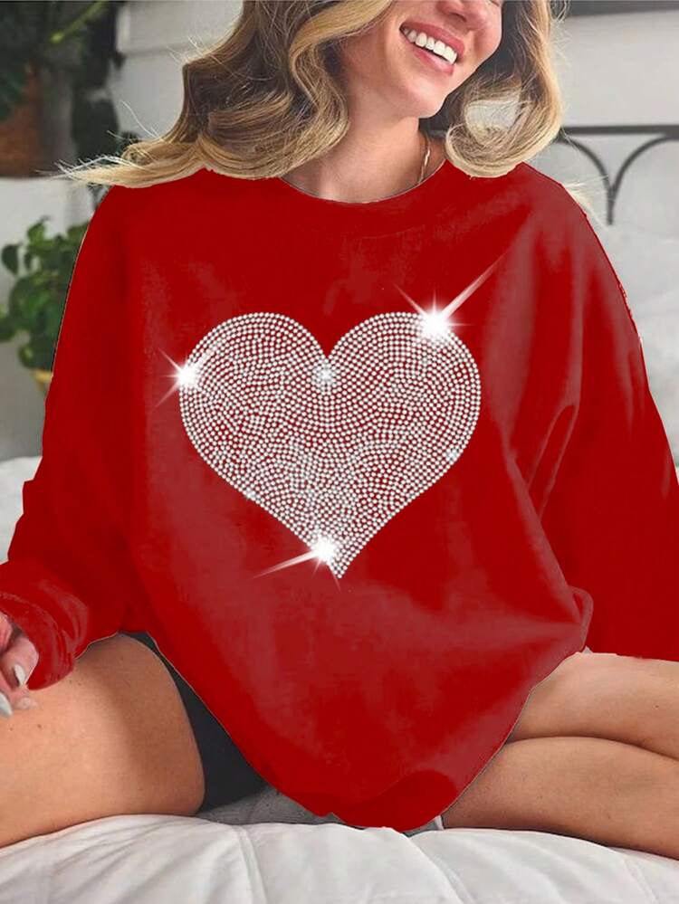 Women's Plus Size Heart Print Drop Shoulder Sweatshirt For New Year Pullover Fall