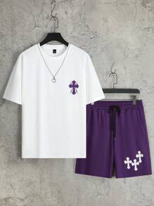Manfinity EMRG Men's Cross Pattern Printed Short Sleeve T-Shirt And Shorts Set