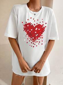 SHEIN EZwear Camiseta De Manga Corta Con Cuello Redondo Y Estampado De Corazón - Blanco - Ver 3