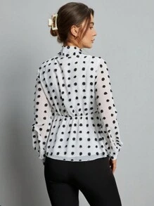 SHEIN Essnce Women Blouses Ruffle Hem Polka Dot Anggun - Hitam dan Putih - View 2