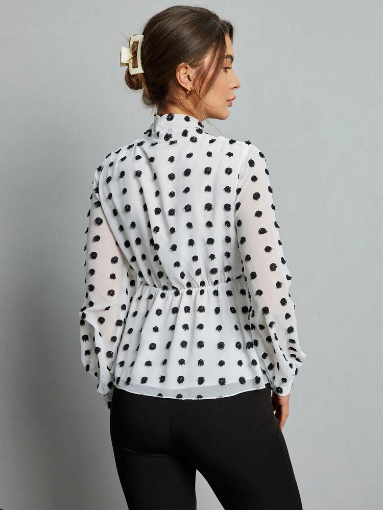 Polka Dot Printed French Style Shirt With Ruffle Hem #Easter