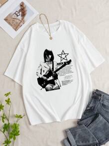SHEIN EZwear Women's Character And Slogan Print Short Sleeve T-Shirt