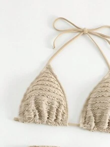 Swim Basics Summer Beach Halter Triangle Bikini Set With Beach Skirt - Khaki - View 4