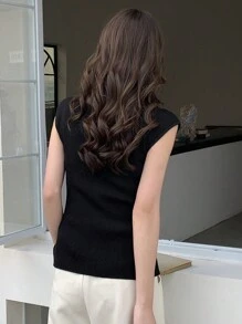 DAZY 1 件女士商务休闲纯色修身无袖 V 领针织上衣夏季 - 黑色 - 查看 5