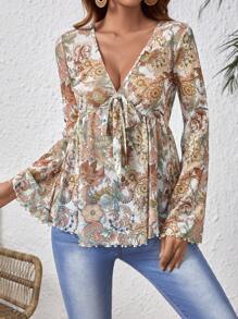 SHEIN VCAY Women's Floral Print Tie Front Flare Sleeve Shirt - White - View 1