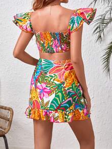 SHEIN VCAY Của phụ nữ Bản in nhiệt đới Cắt ra Hình vuông Đường viền cổ áo Đầm Với Viền Ruffle - trắng - Xem 2