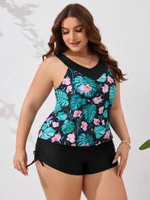 Swim Lushoire 大碼熱帶印花背心和黑色純色短褲泳裝套裝,適用於夏天、游泳、海灘派對 - 彩色 - 查看 3